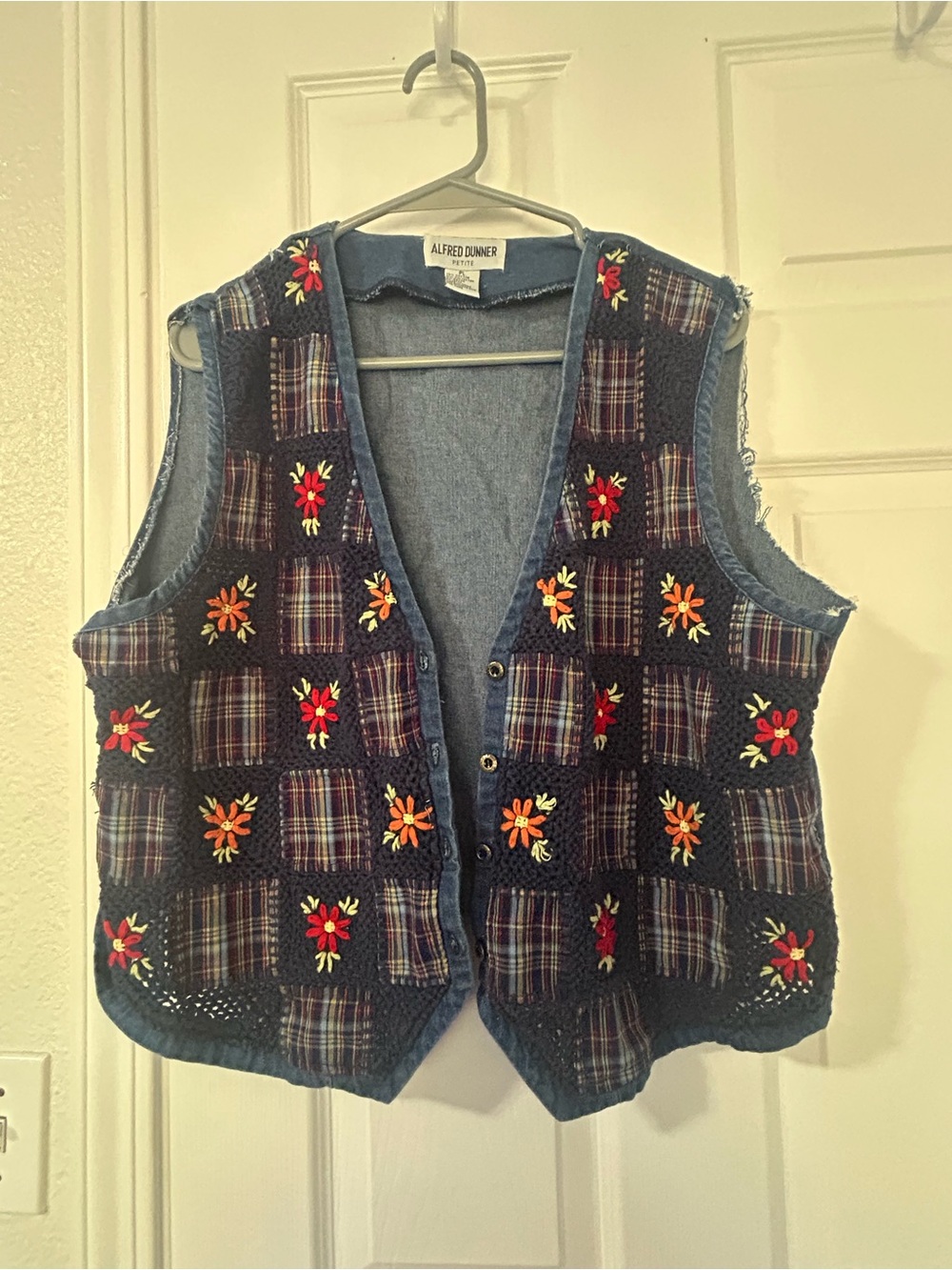 Alfred Dunner Navy Plaid Crochet Vest with Red & Orange Floral Embroidery